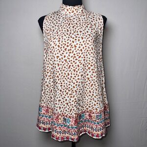 Savanna Jane Womens Brown White Animal Print Embroidered Hem Tie Neck Top L